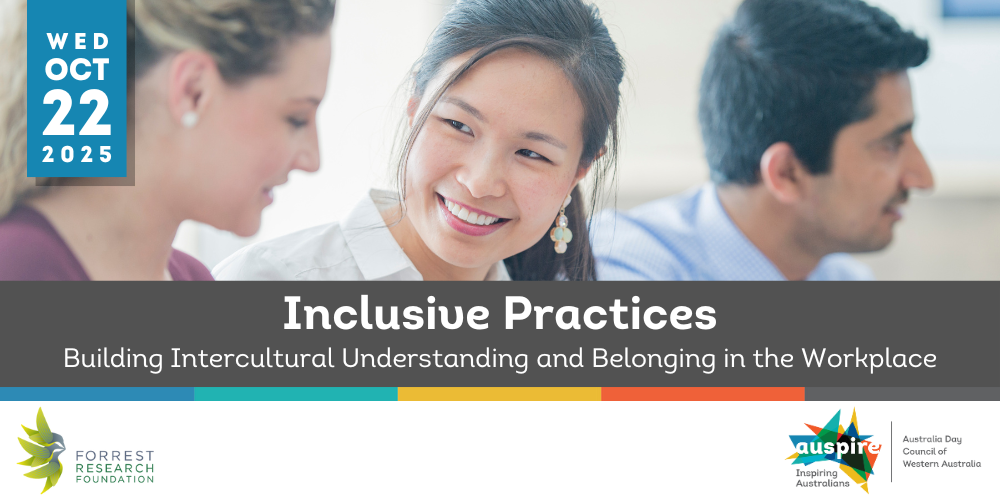 Three people smiling to each other with foreground text Inclusive Practices: Building Intercultural Understanding and Belonging in the Workplace