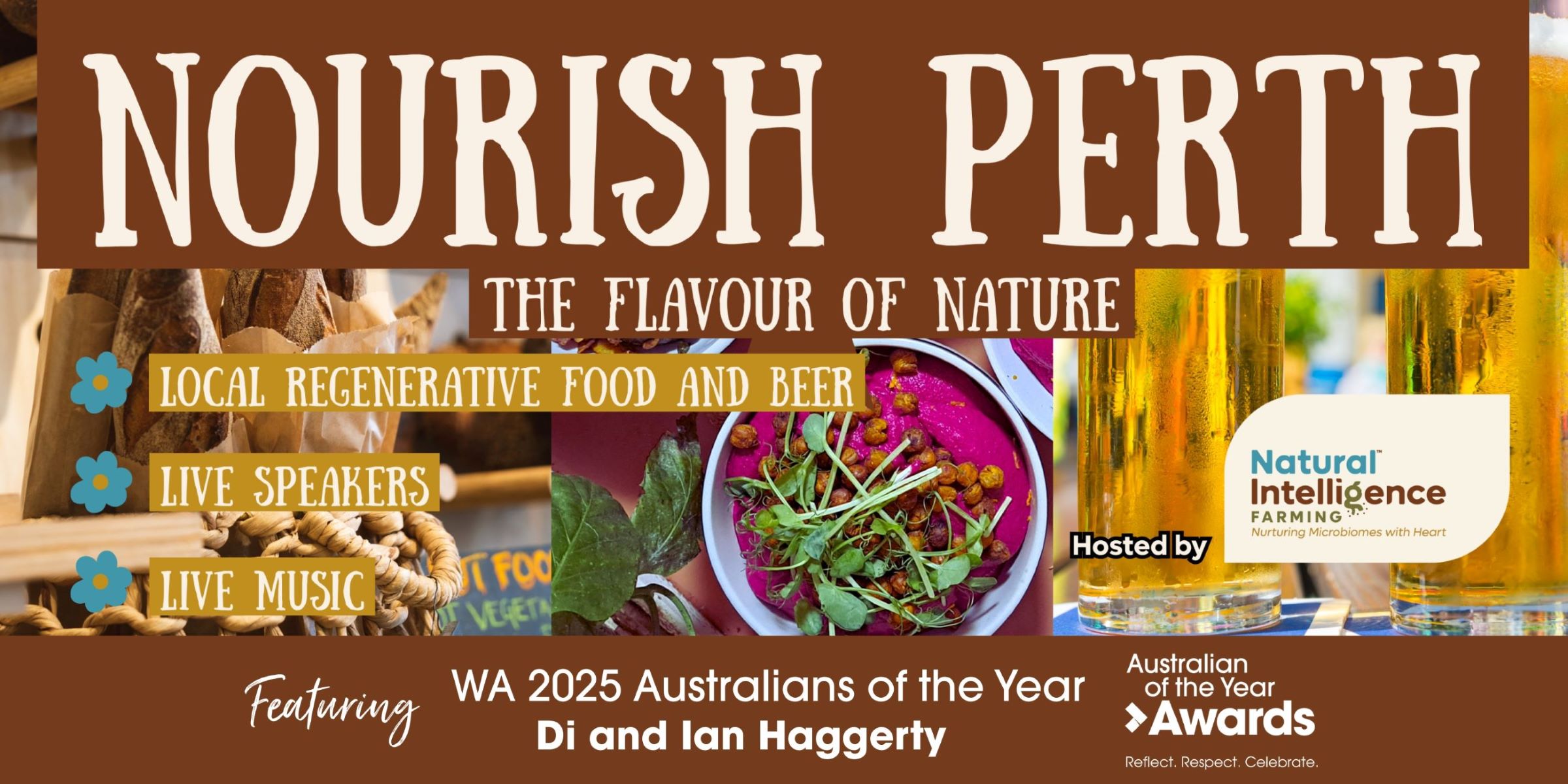 Nourish Perth event image with food and drink in background