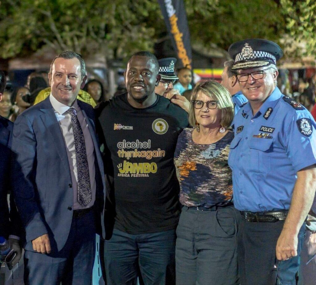 Joe Tuazama with former WA Premier Mark McGowan and Chris Dawson and Darrilyn Dawson