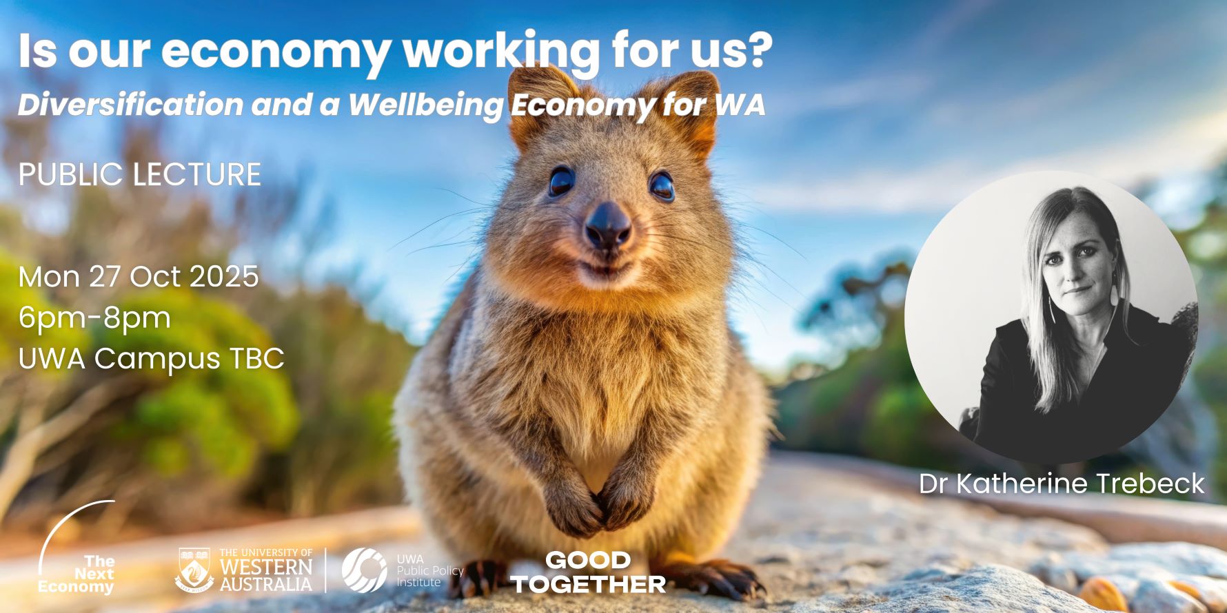 uwa public lecture 2025 event details and speaker image over background image of a quokka