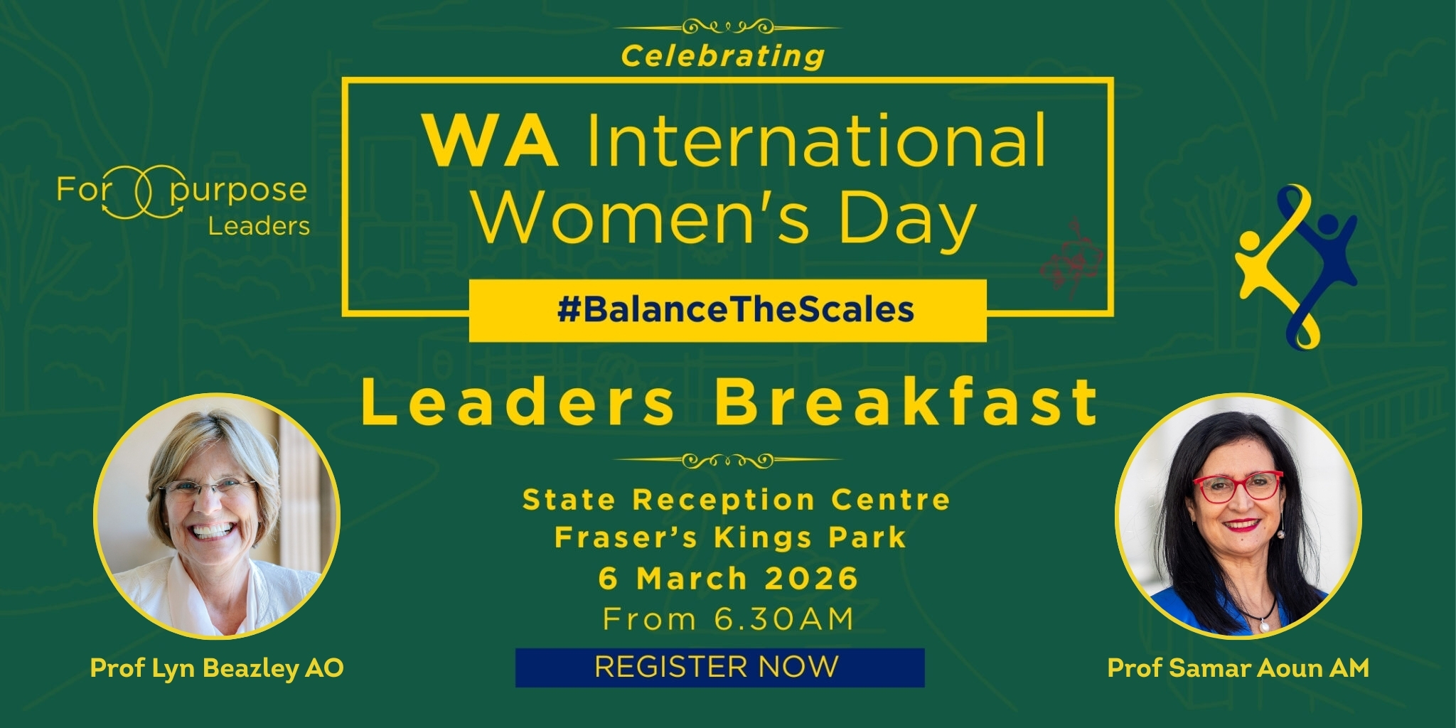 International Women's Day Breakfast event details with images of Lyn Beazley AO and Samar Aoun AM