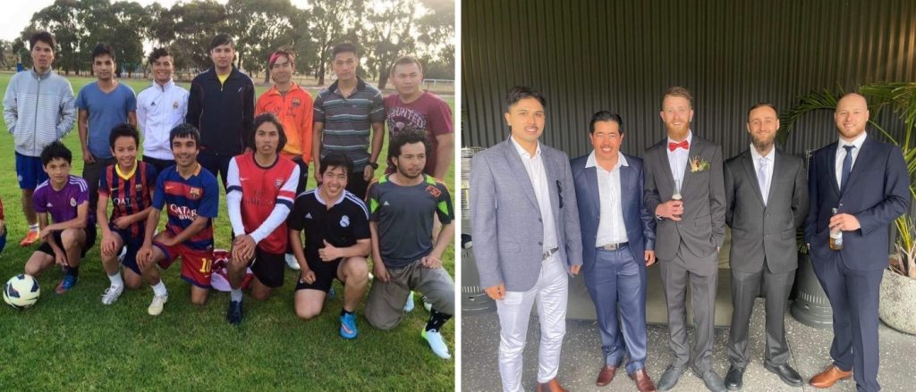 side by side images of Ali Jafari with friends at footy and a formal occasion