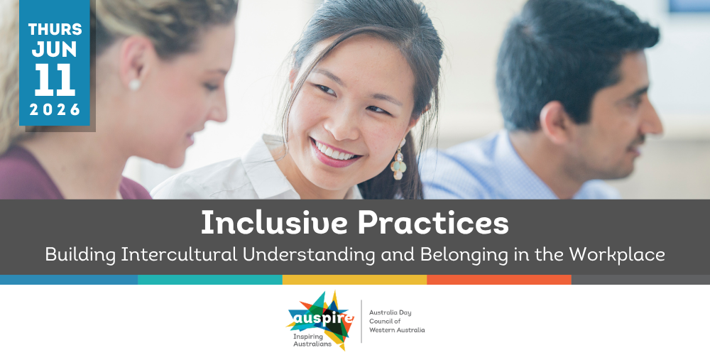 Intercultural workshop artwork with three diverse people smiling