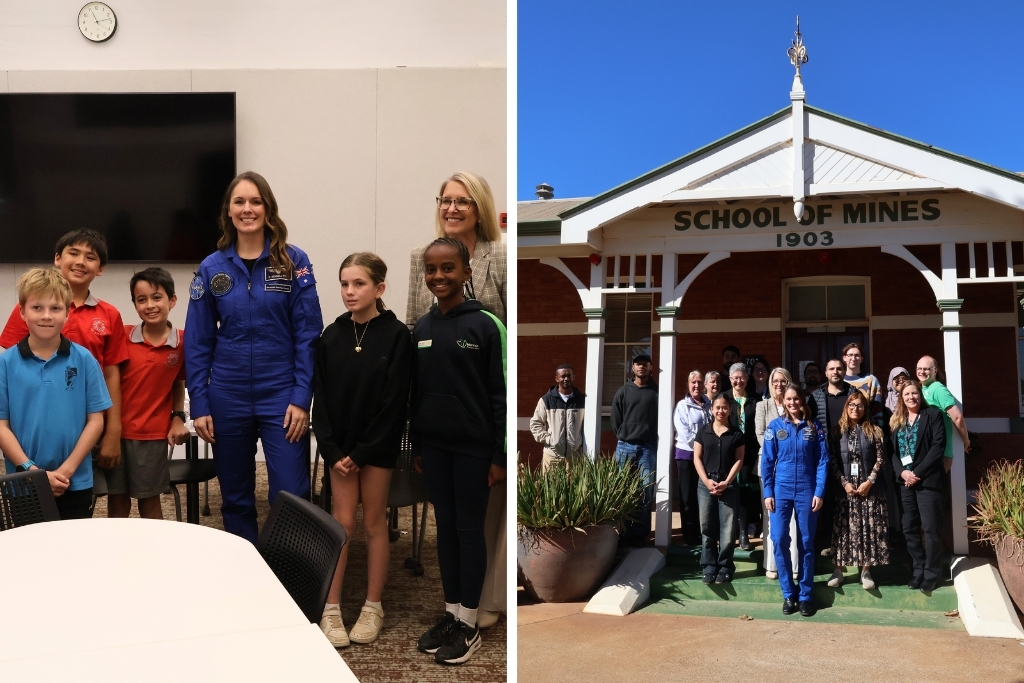 katherine bennell-pegg smiling with young and mature students at the WA School of Mines
